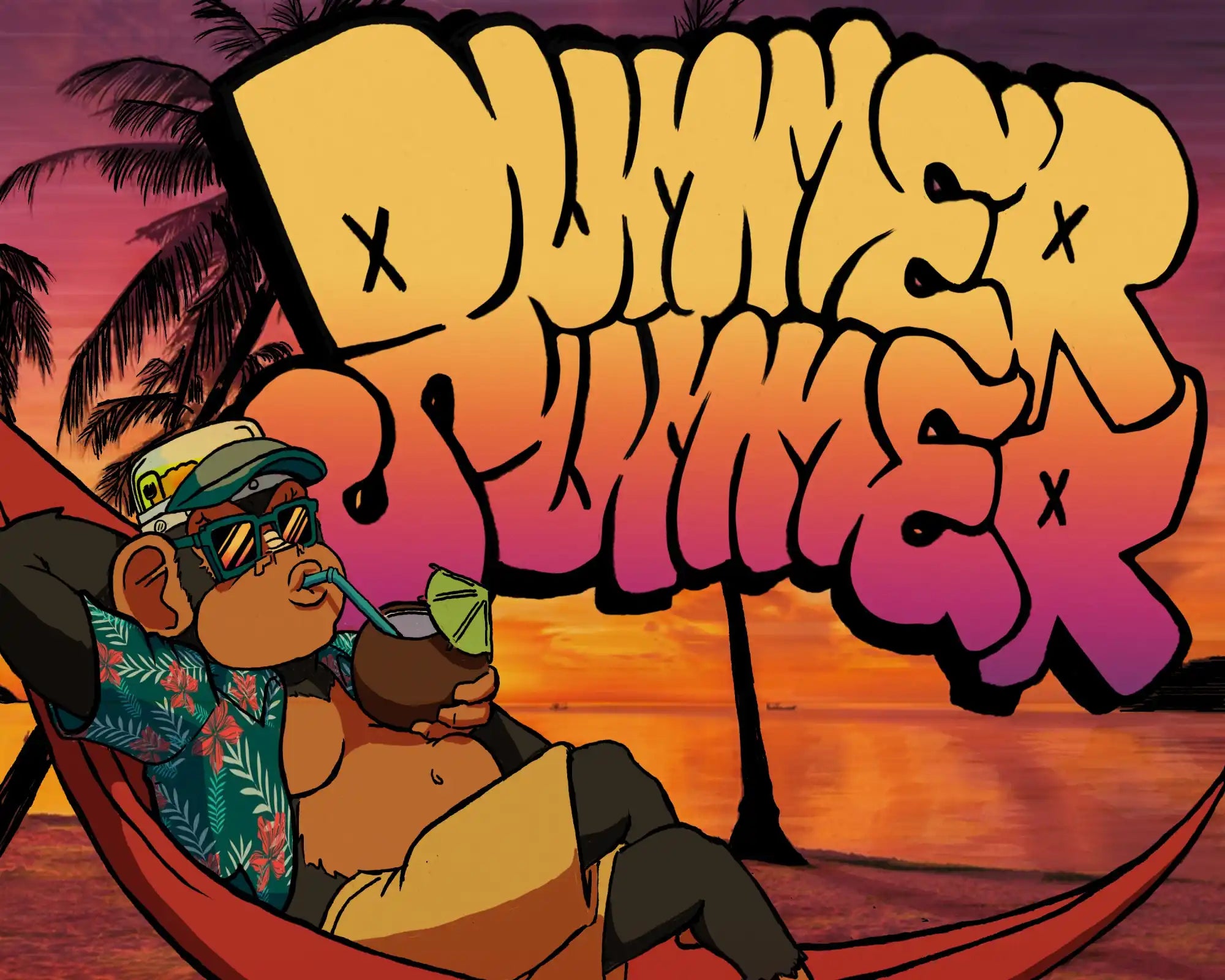 A cartoon monkey relaxing in a hammock with a drink.